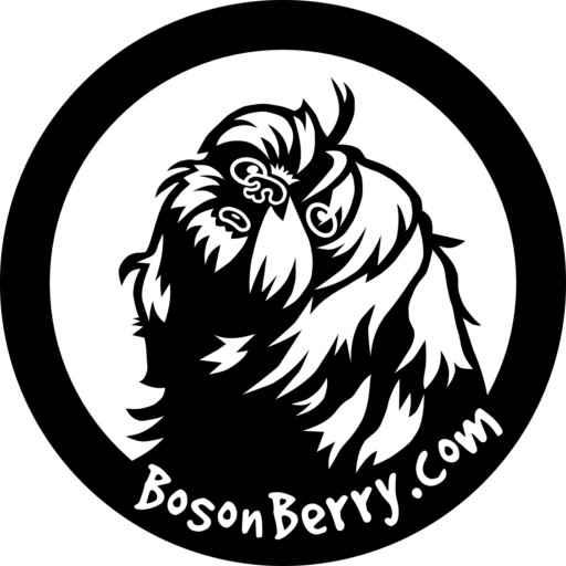 Black and White BosonBerry Studios Logo with Black Shih Tzu in Black Circle with white background and white text "BosonBerry.com"