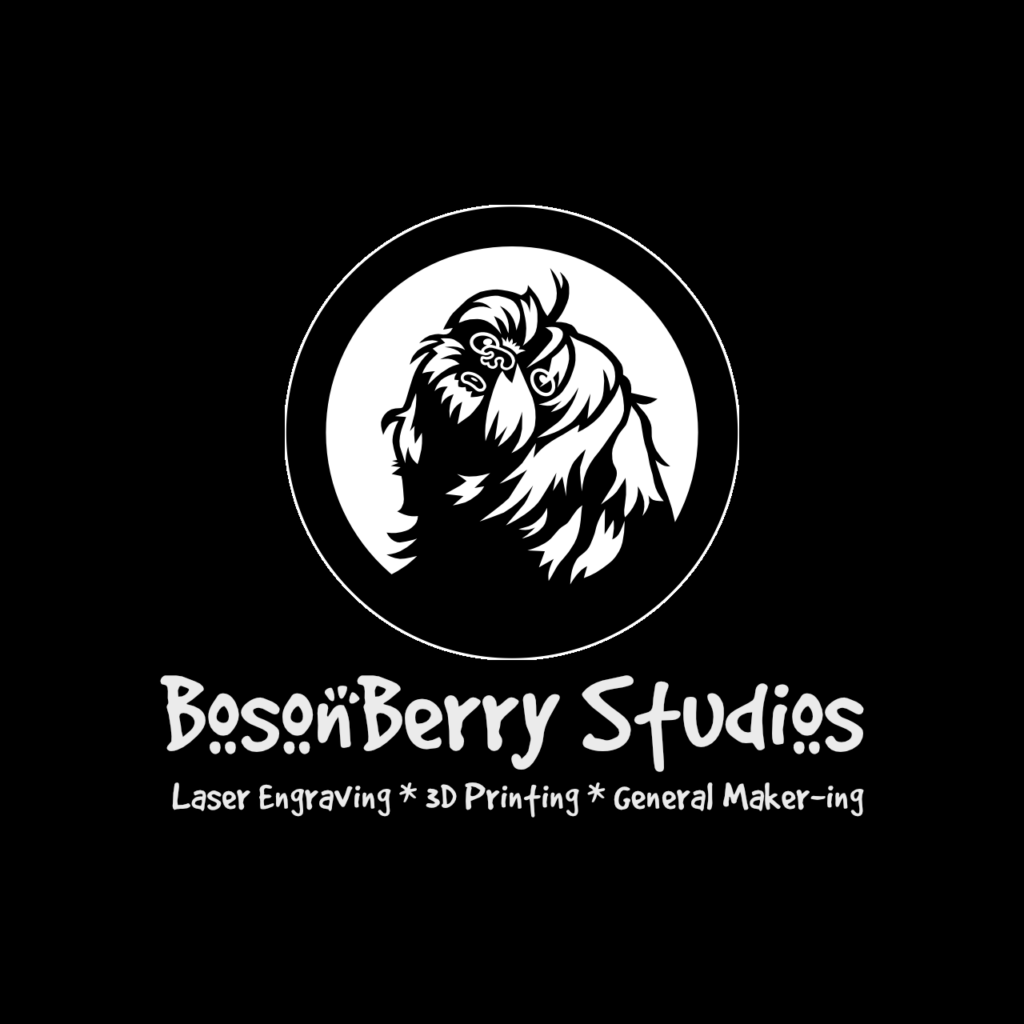 BosonBerry Studios logo, a black circle with a black shih tzu looking up on a white background, and white letters reading "BosonBerry Studios" underneath, on a solid black background