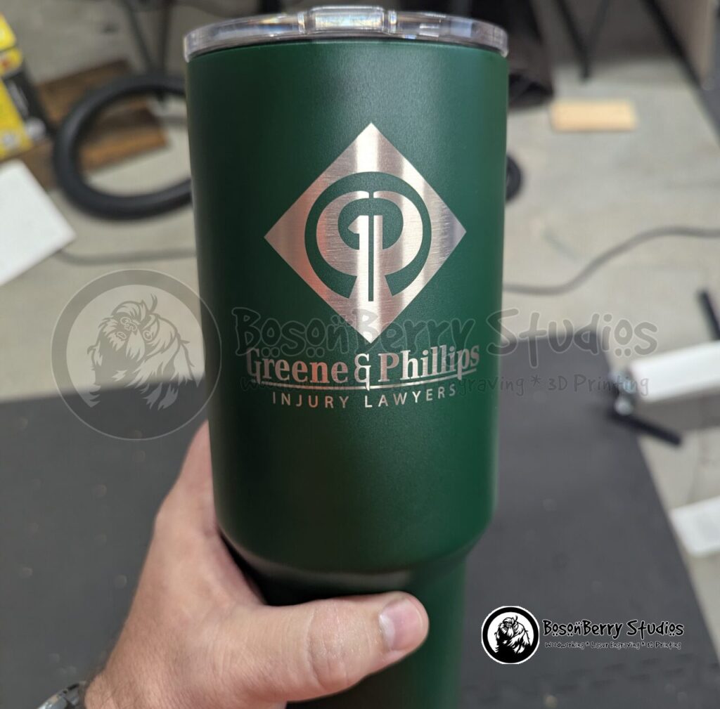 40oz Green Tumbler engraved with Greene & Phillips Injury Lawyers logo. Engraved by BosonBerry Studios.